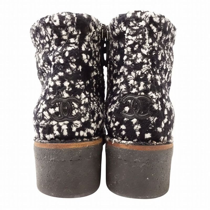 Chanel Tweed Boots Short Coco Mark Lace Up Shoes Size 38 24 cm