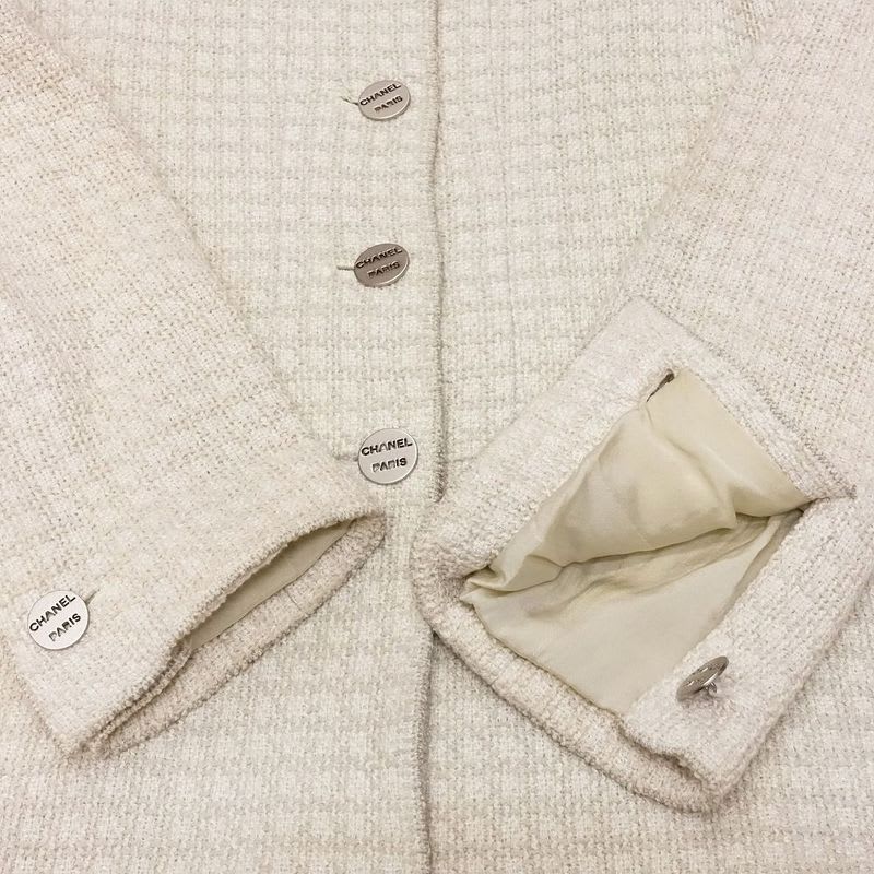Chanel Tweed Jacket Blue Leather Logo Button 00 C Top Size 36 S 00S