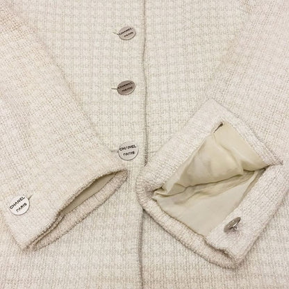Chanel Tweed Jacket Blue Leather Logo Button 00 C Top Size 36 S 00S