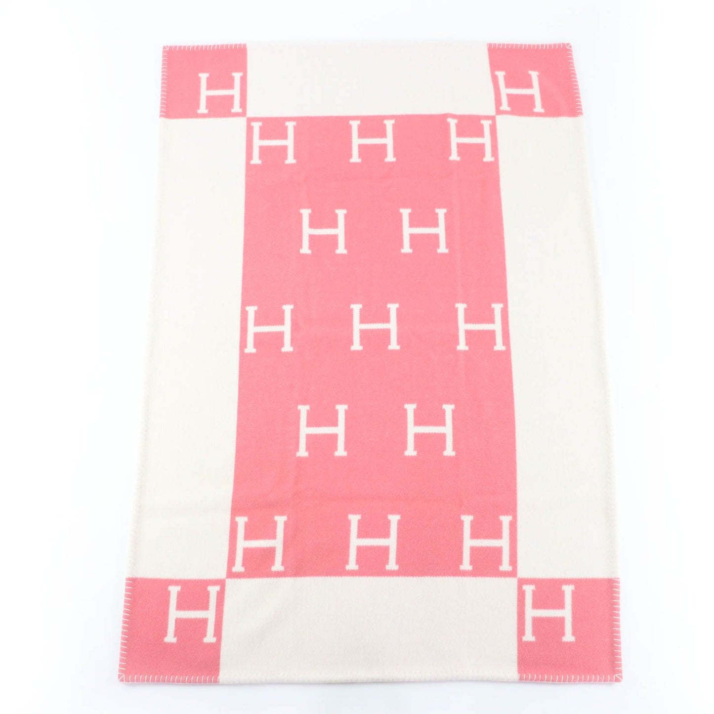 Unused Item Hermes Plaid Avalon Wool Cashmere H Logo Large Blanket Throw Pink