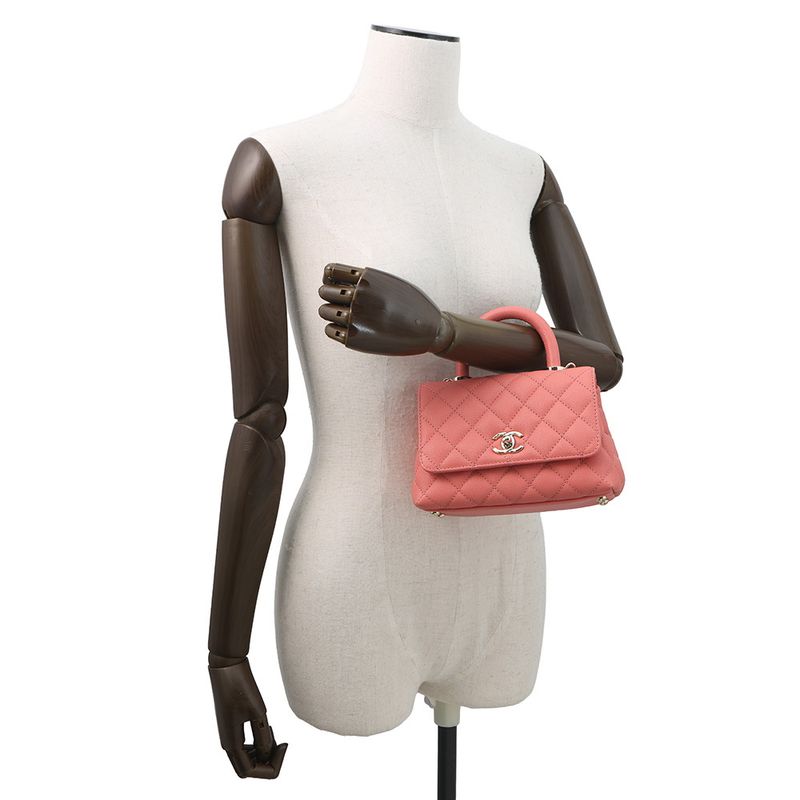Chanel Handbag CC Logo Coco Handle Mini Flap Lambskin 2-Way Coral Pink