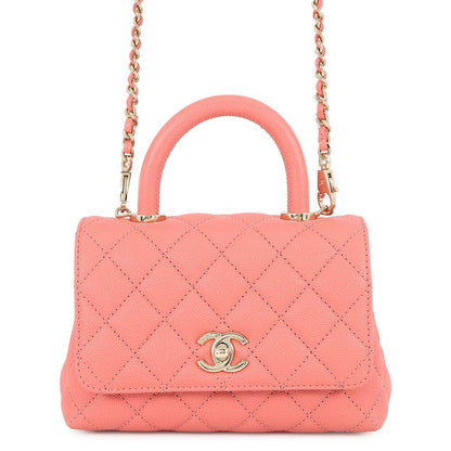 Chanel Handbag CC Logo Coco Handle Mini Flap Lambskin 2-Way Coral Pink