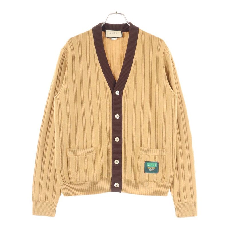 Gucci Wool Blend Ribbed Knit Cardigan with Patch Brown 646809 Xkbqt
