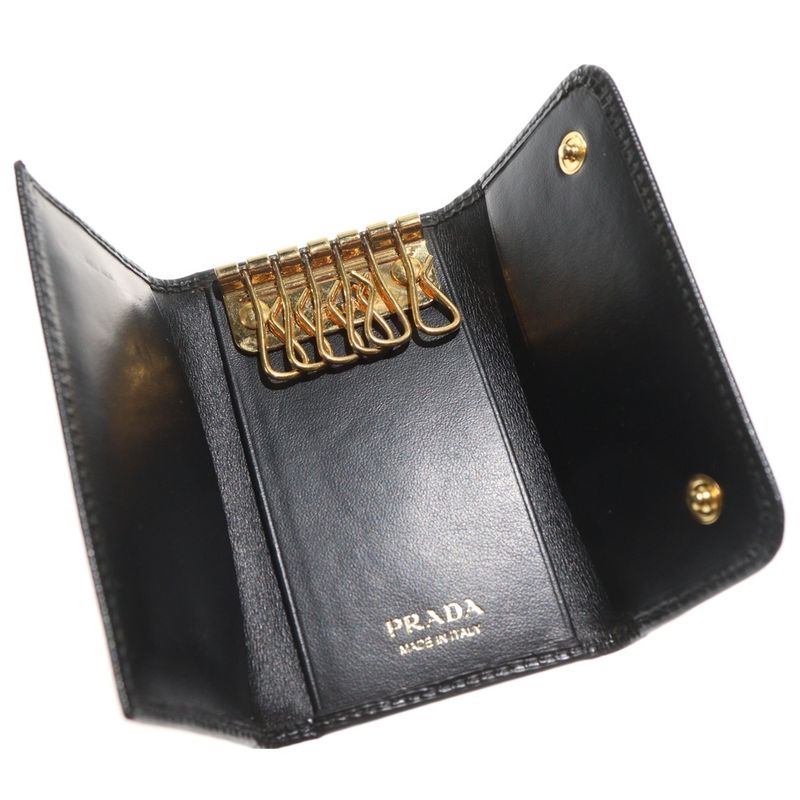 Prada Triangle Logo Key Case Key Ring Black Leather Gold Hardware