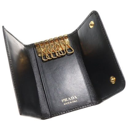 Prada Triangle Logo Key Case Key Ring Black Leather Gold Hardware