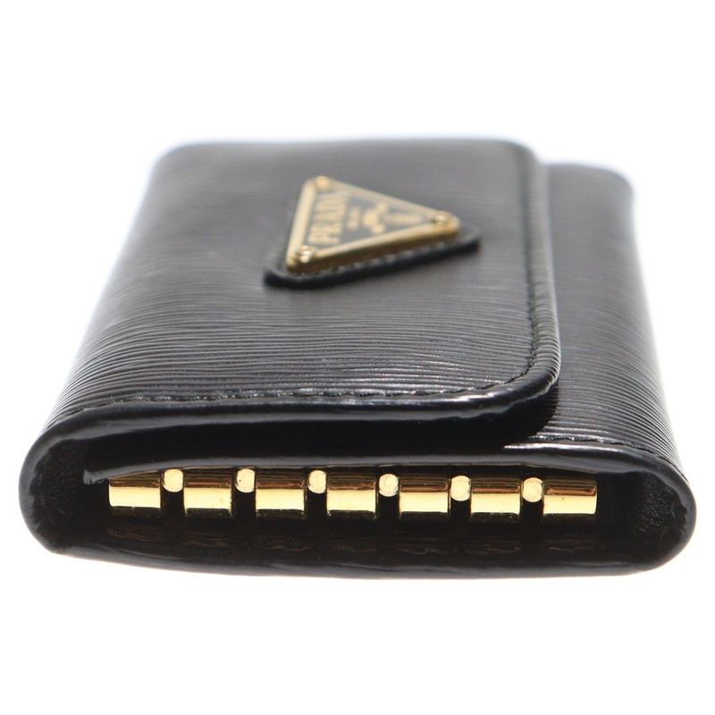 Prada Triangle Logo Key Case Key Ring Black Leather Gold Hardware