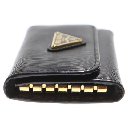 Prada Triangle Logo Key Case Key Ring Black Leather Gold Hardware