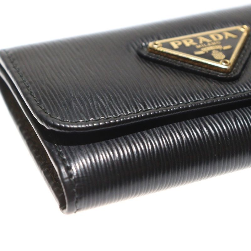 Prada Triangle Logo Key Case Key Ring Black Leather Gold Hardware