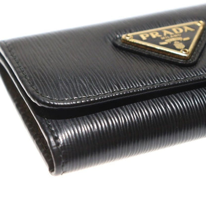 Prada Triangle Logo Key Case Key Ring Black Leather Gold Hardware