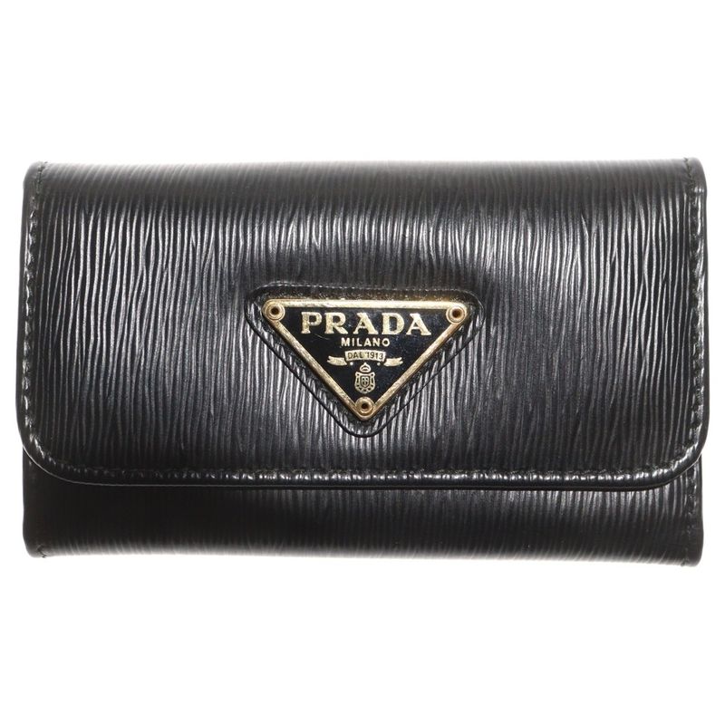 Prada Triangle Logo Key Case Key Ring Black Leather Gold Hardware
