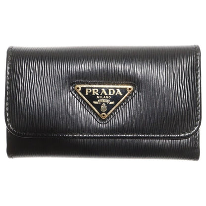 Prada Triangle Logo Key Case Key Ring Black Leather Gold Hardware