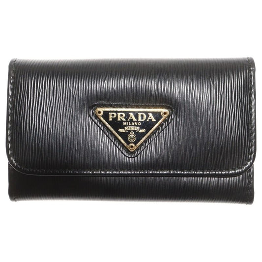 Prada Triangle Logo Key Case Key Ring Black Leather Gold Hardware