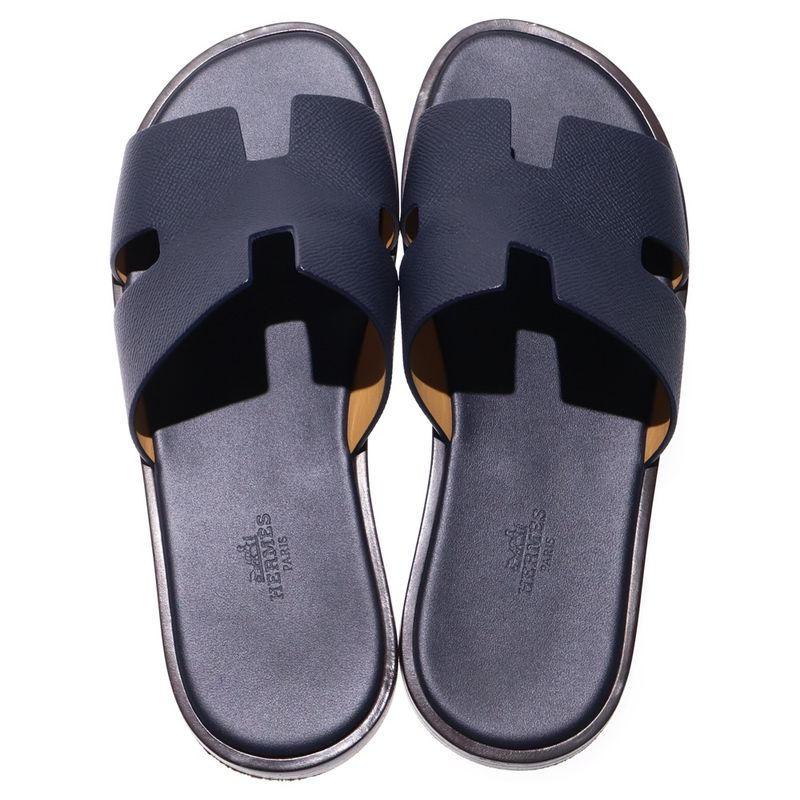 Hermes Izmir H ​​logo Leather Flat Sandals Shoes Navy
