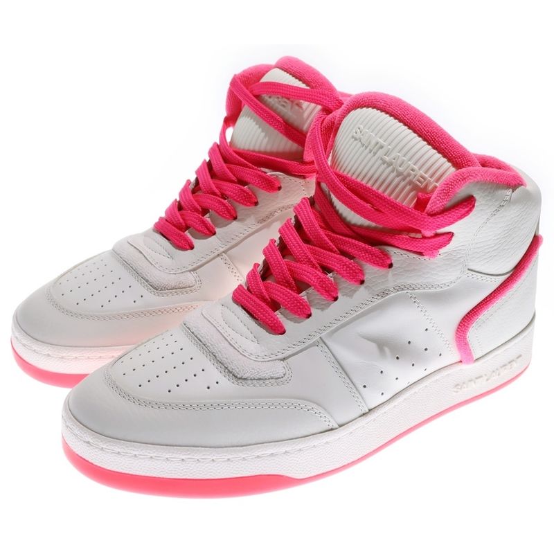 Saint Laurent Paris Sl80 Leather High Cut Sneakers Shoes White Pink 711250