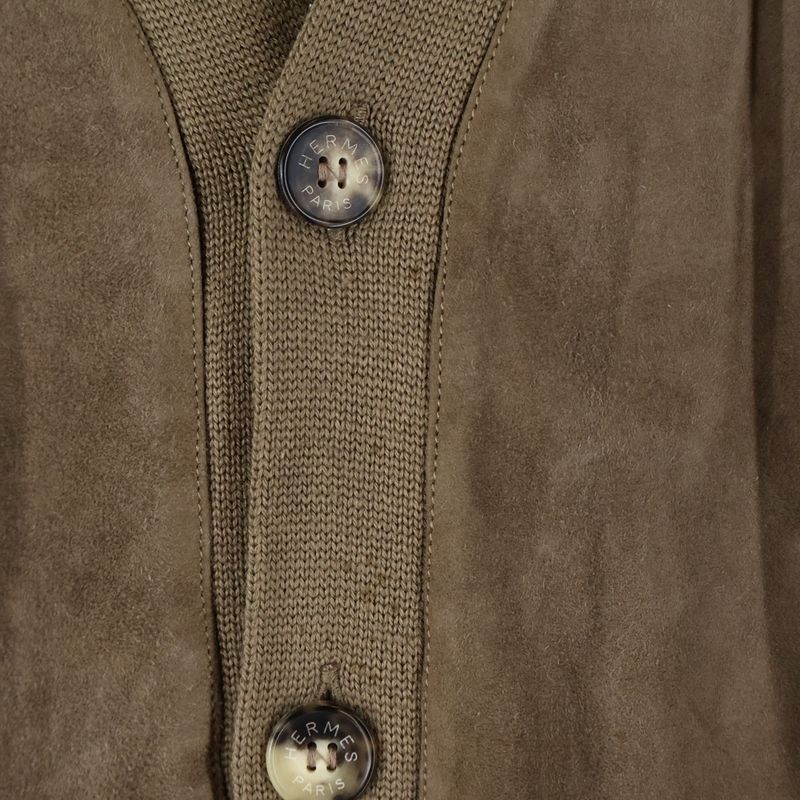 Hermes Suede Cut Replacement Silk Cashmere Blend Wool Knit Long Sleeve Cardigan