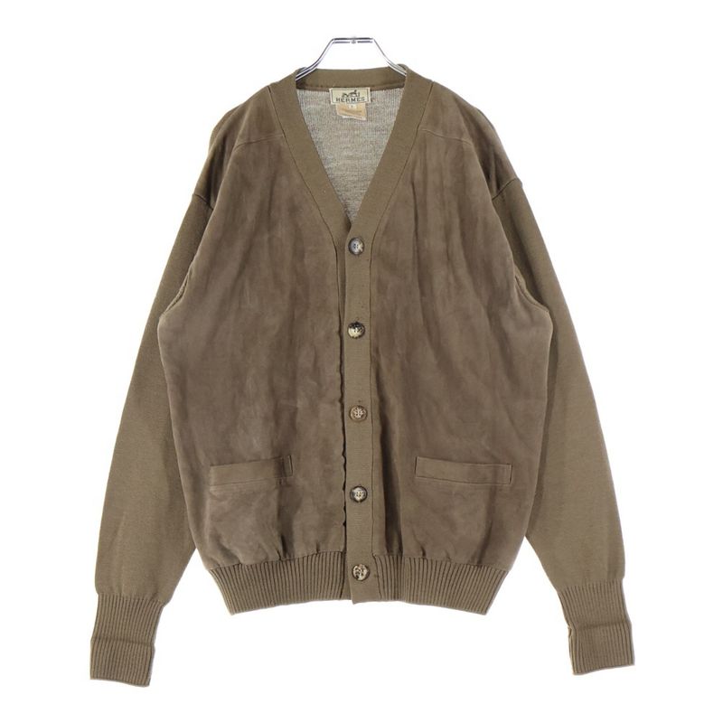 Hermes Suede Cut Replacement Silk Cashmere Blend Wool Knit Long Sleeve Cardigan