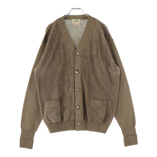 Hermes Suede Cut Replacement Silk Cashmere Blend Wool Knit Long Sleeve Cardigan