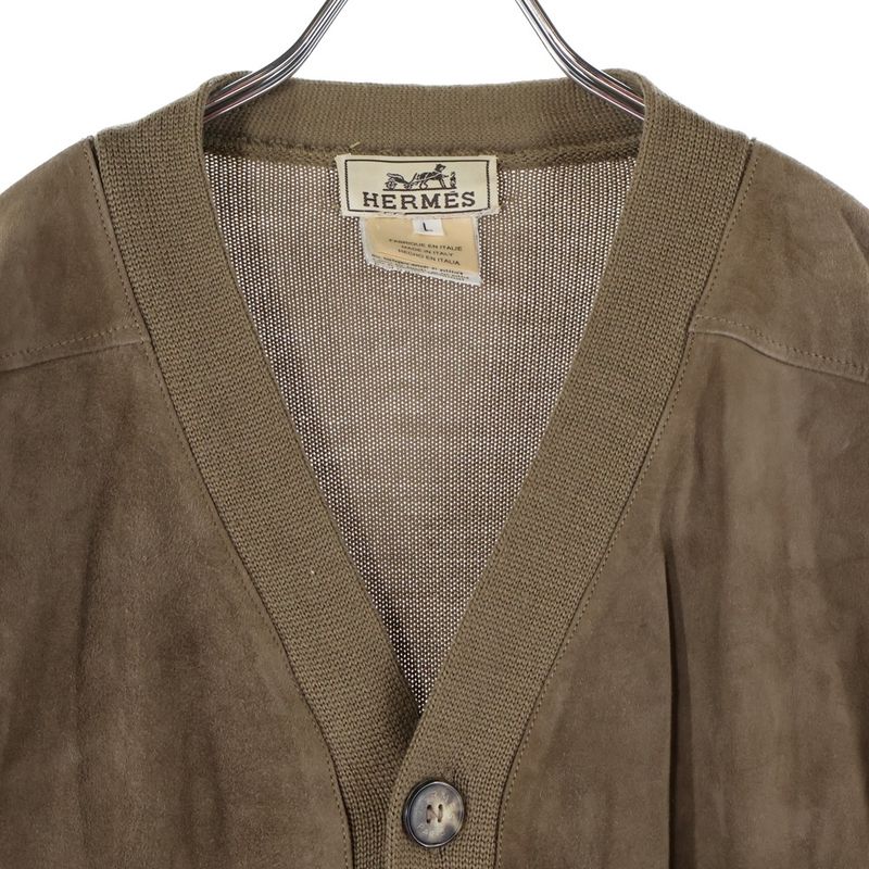 Hermes Suede Cut Replacement Silk Cashmere Blend Wool Knit Long Sleeve Cardigan