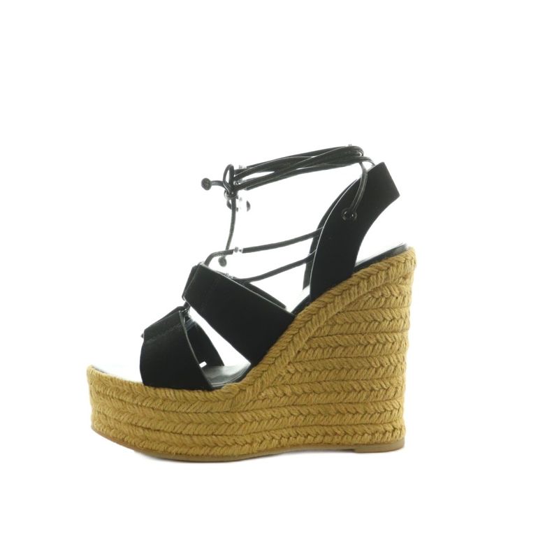 Saint Laurent Paris Sandals Wedge Sole Ribbon Suede 35.5 22.5cm (8.86in) Black