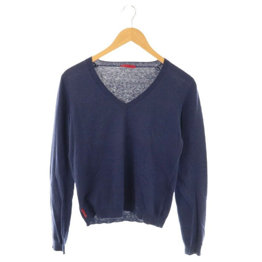 Prada Cotton Cashmere Blend V-Neck Knit Sweater 42 Navy Es • OS
