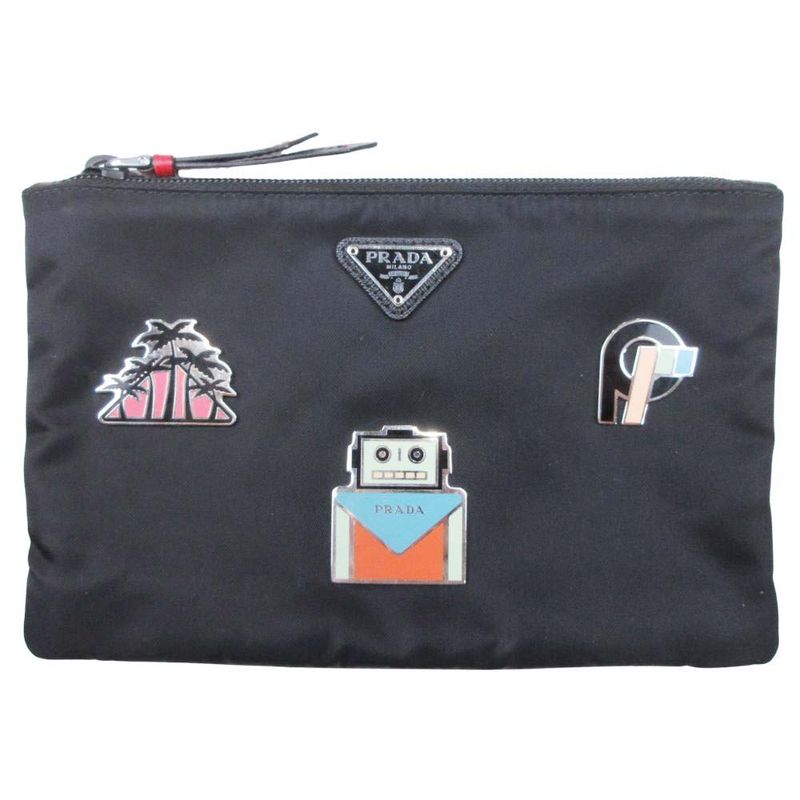 2018 Prada Robot Metal Applique Pouch Accessory Second Bag Clutch Nylon