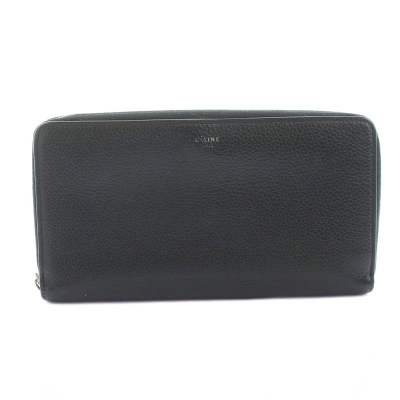 Celine Long Wallet Round Zipper Leather Coin Purse Black Ku • OH