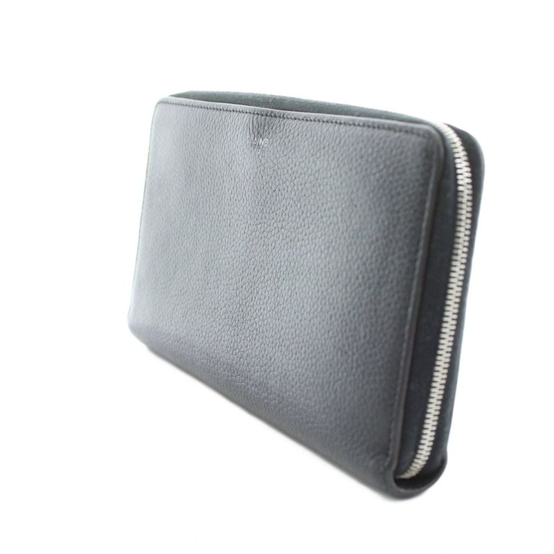 Celine Long Wallet Round Zipper Leather Coin Purse Black Ku • OH