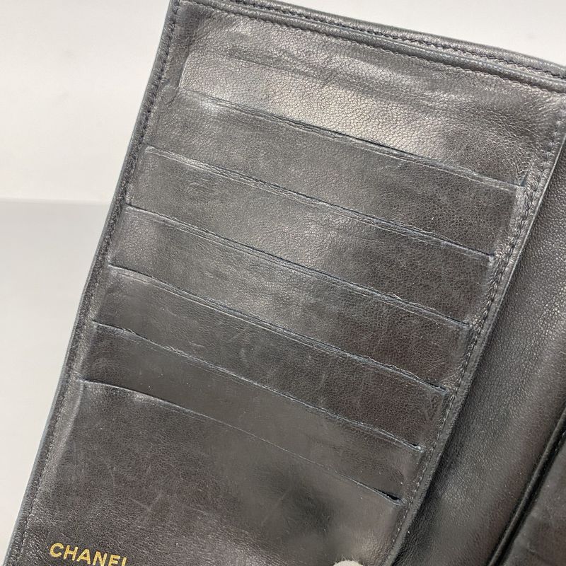 Chanel Long Wallet Lambskin Black Gold Hardware Women's