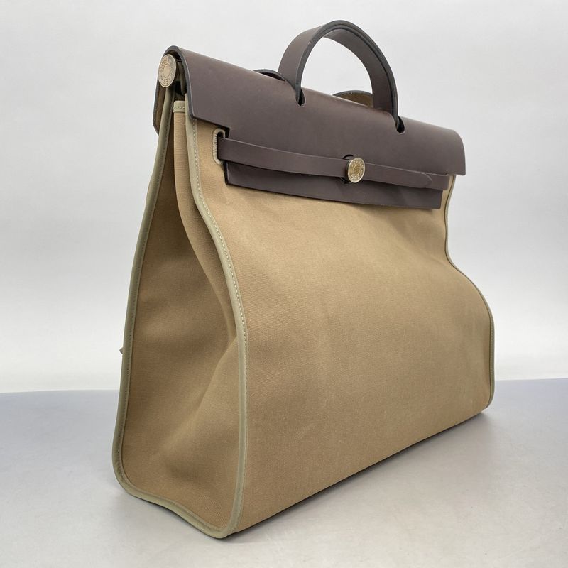 Hermes Handbag Herbag Her Bag Zip MM Toile Officier Brown Silver Hardware P