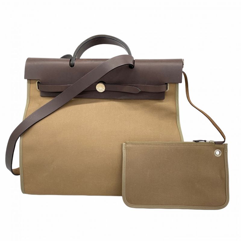 Hermes Handbag Herbag Her Bag Zip MM Toile Officier Brown Silver Hardware P