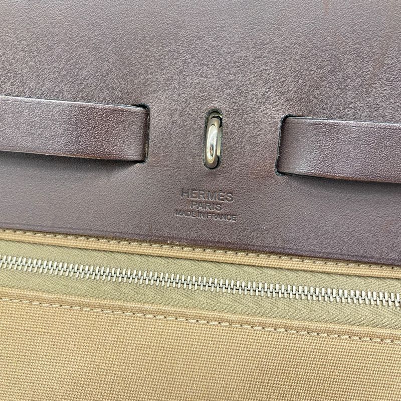 Hermes Handbag Herbag Her Bag Zip MM Toile Officier Brown Silver Hardware P
