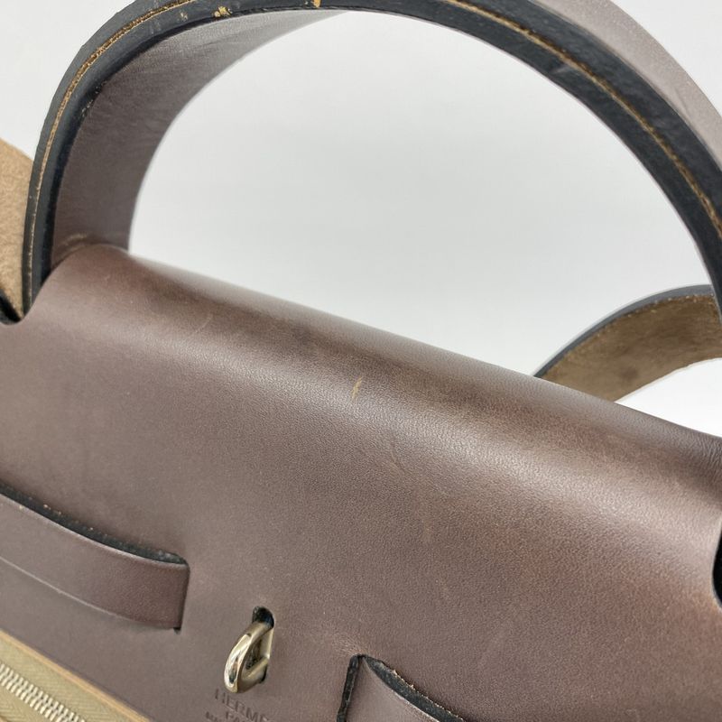 Hermes Handbag Herbag Her Bag Zip MM Toile Officier Brown Silver Hardware P