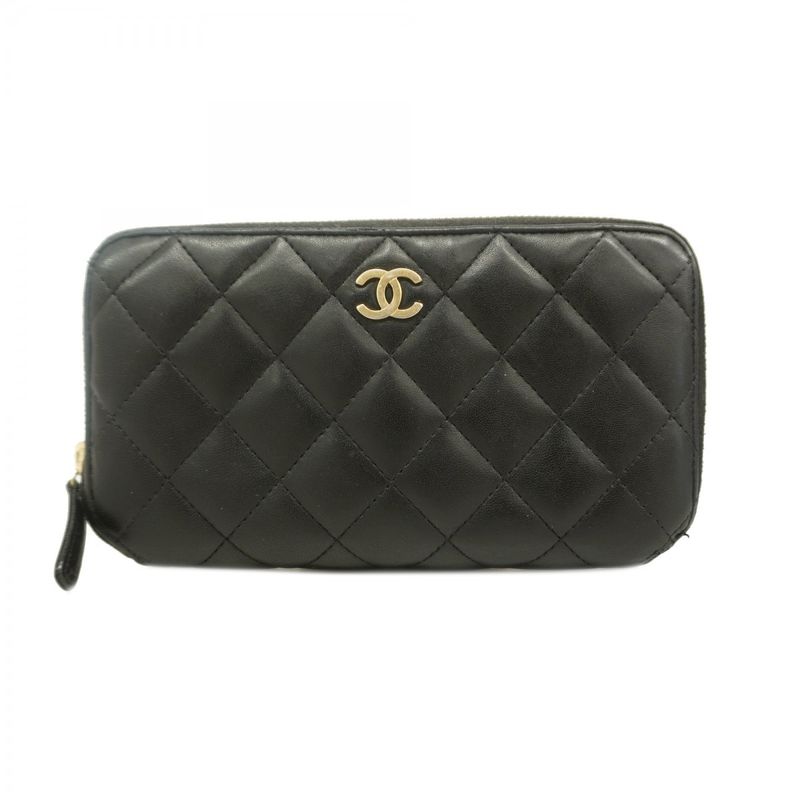 Chanel Long Wallet Matelasse Lambskin Black Chien Pan Gold Hardware Women's
