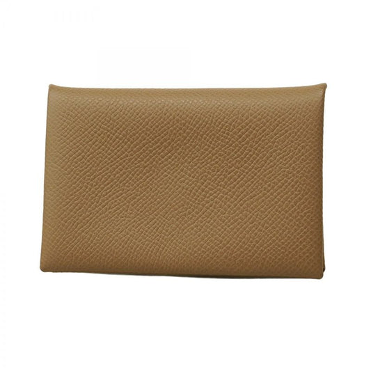 Hermes Card Case Calvi Vaux Epson Taupe Silver Hardware B Engraved Men Women