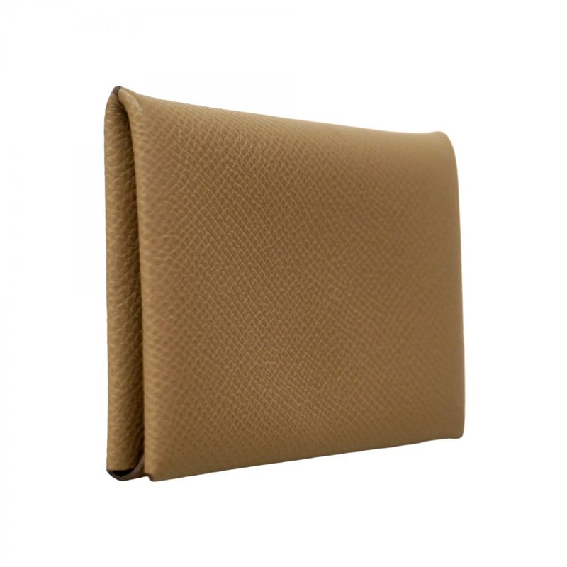 Hermes Card Case Calvi Vaux Epson Taupe Silver Hardware B Engraved Men Women