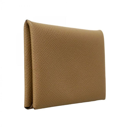 Hermes Card Case Calvi Vaux Epson Taupe Silver Hardware B Engraved Men Women