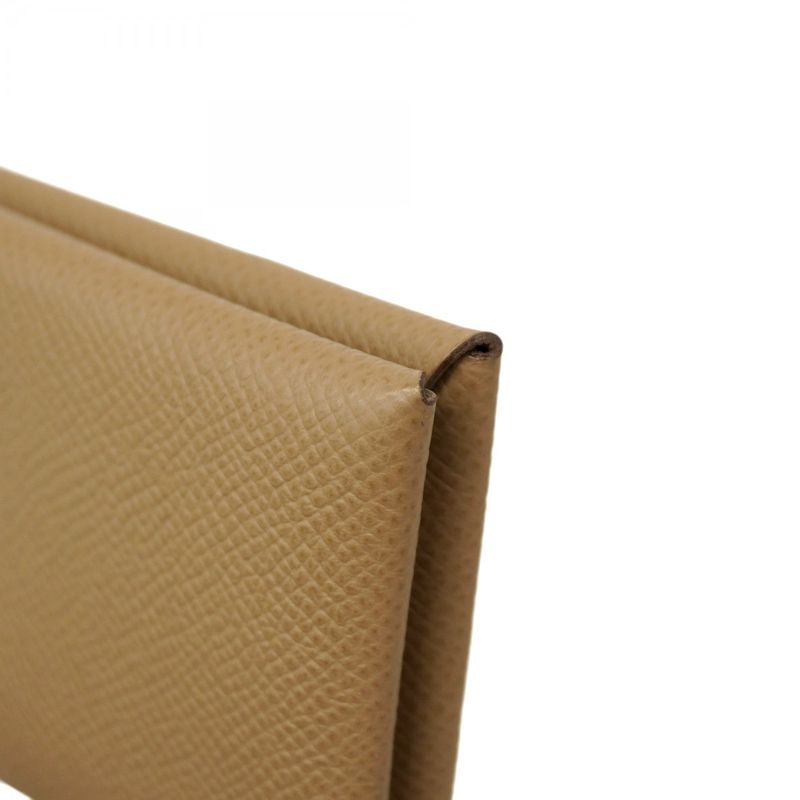 Hermes Card Case Calvi Vaux Epson Taupe Silver Hardware B Engraved Men Women