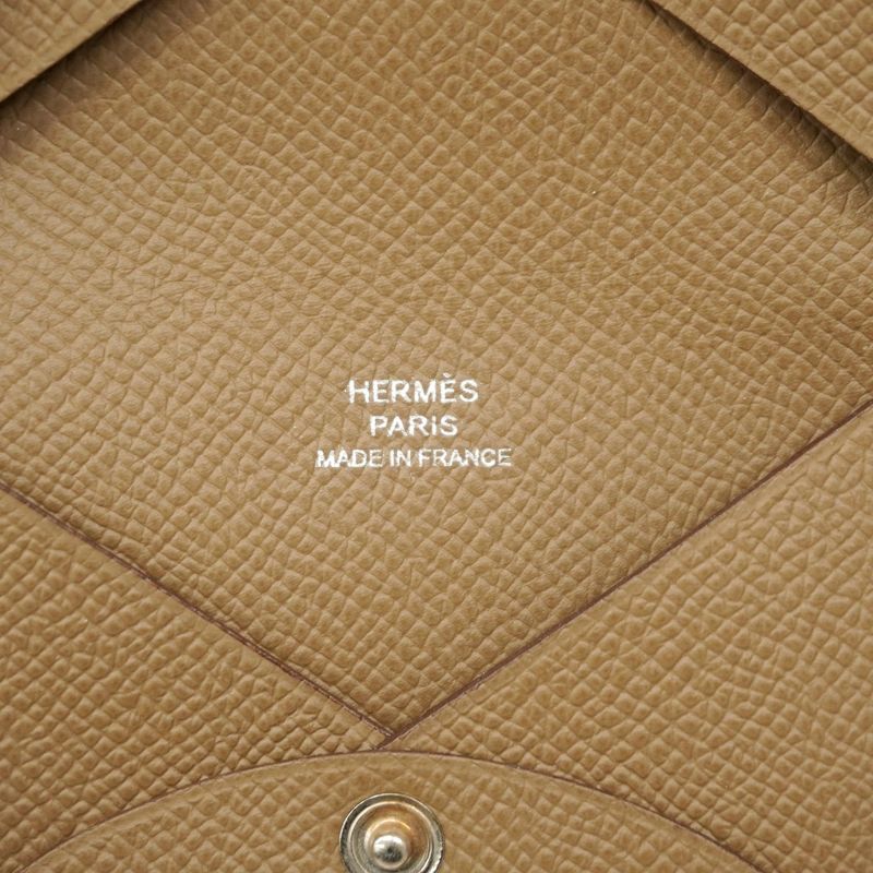 Hermes Card Case Calvi Vaux Epson Taupe Silver Hardware B Engraved Men Women