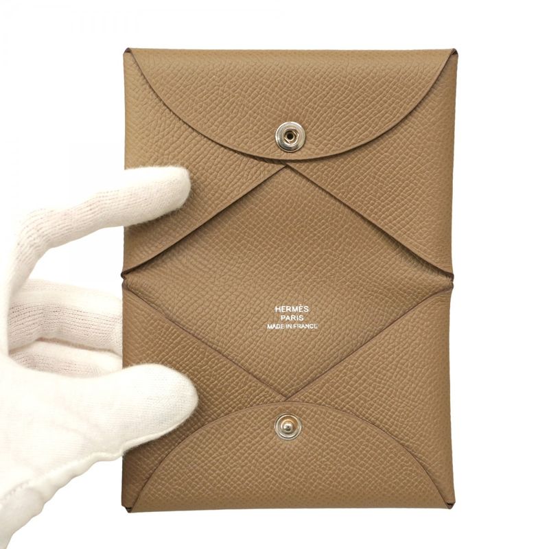 Hermes Card Case Calvi Vaux Epson Taupe Silver Hardware B Engraved Men Women