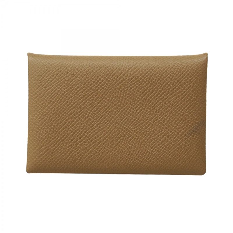 Hermes Card Case Calvi Vaux Epson Taupe Silver Hardware B Engraved Men Women