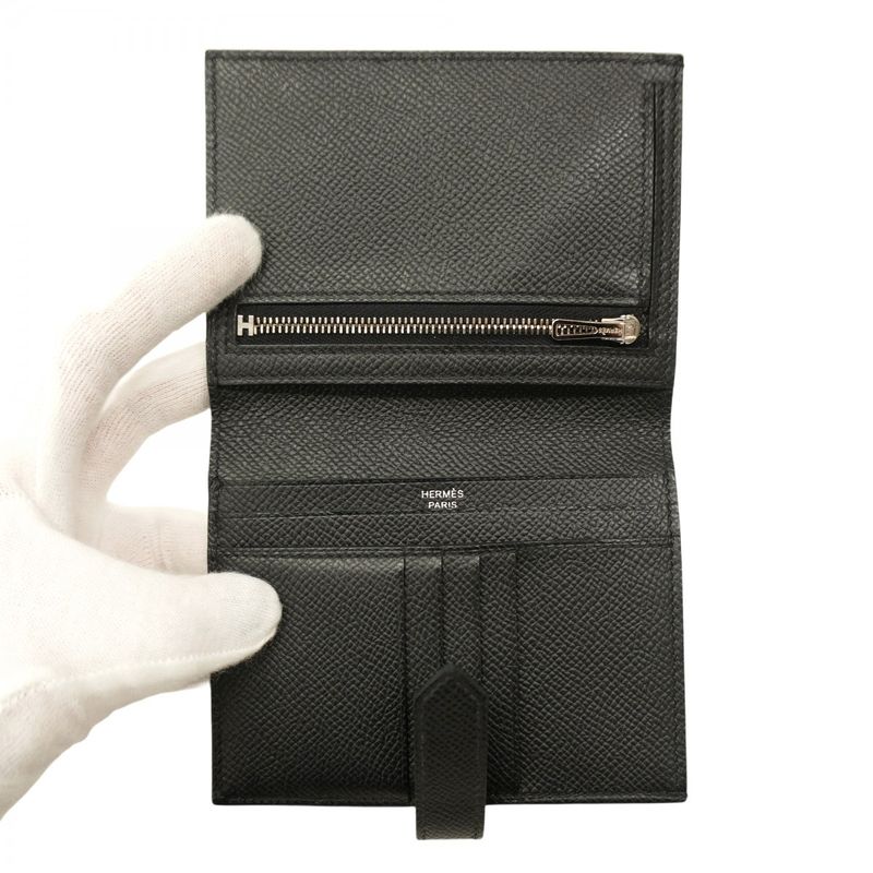 Hermes Wallet Bearn Compact Vaux Epson Black Silver Hardware Y Engraved Ladies