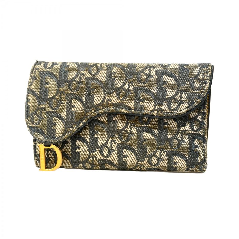 Christian Dior Trifold Wallet Trotter Saddle Canvas Navy Gold Hardware Women's