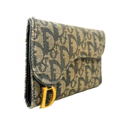 Christian Dior Trifold Wallet Trotter Saddle Canvas Navy Gold Hardware Women's