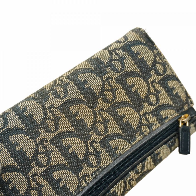 Christian Dior Trifold Wallet Trotter Saddle Canvas Navy Gold Hardware Women's