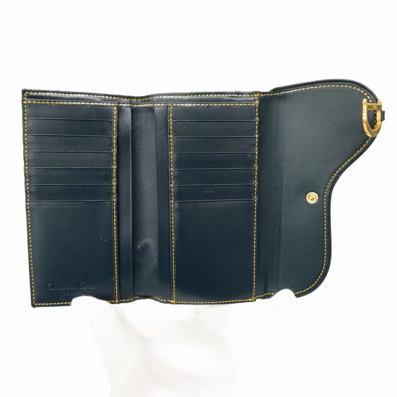 Christian Dior Trifold Wallet Trotter Saddle Canvas Navy Gold Hardware Women's