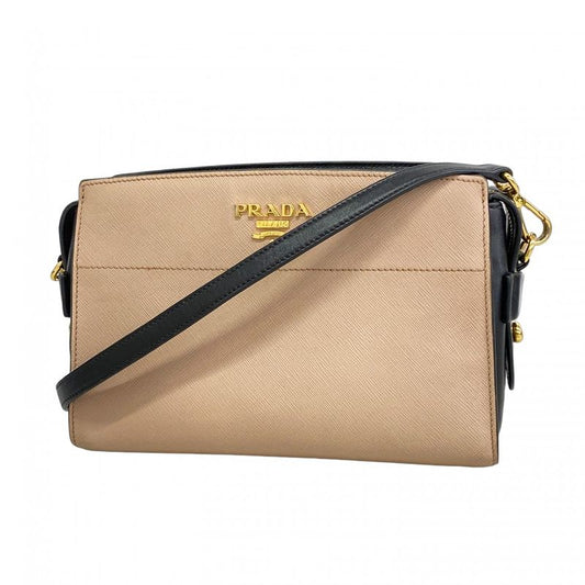 Prada Shoulder Bag Saffiano Leather Beige Black Gold Hardware Women's
