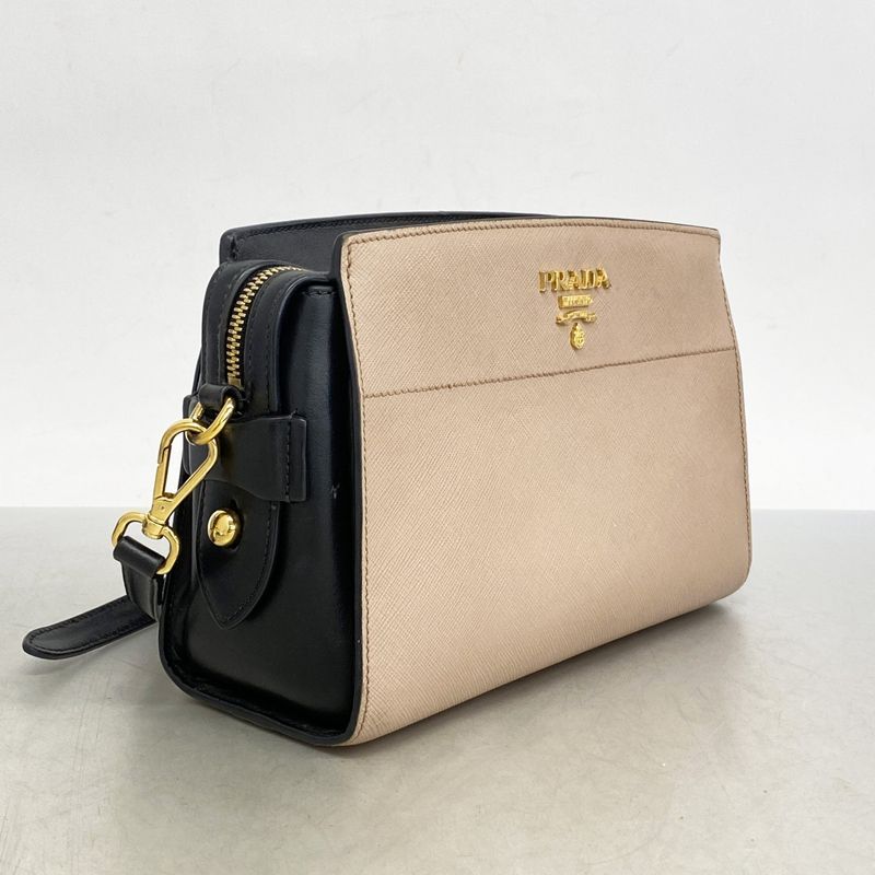 Prada Shoulder Bag Saffiano Leather Beige Black Gold Hardware Women's