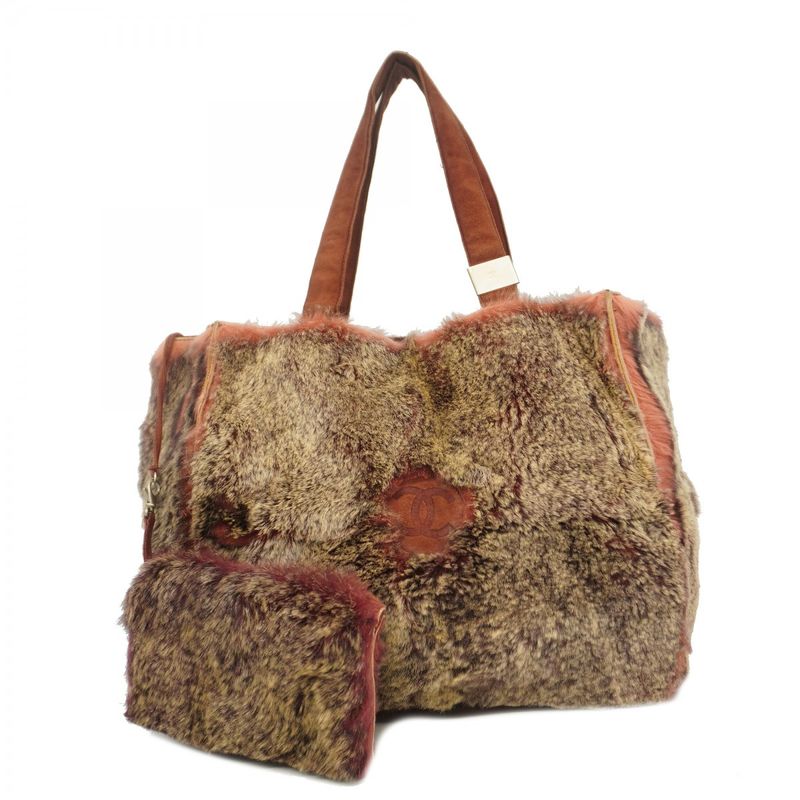 Chanel Tote Bag Lapin Fur Beige Bordeaux Silver Hardware Ladies