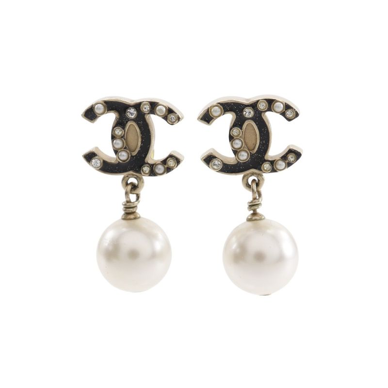 Chanel Coco Mark Gold Plated X Fake Pearl 07a Women's 9.3g Earrings