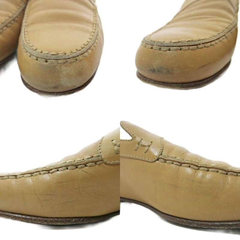 Hermes H Logo Stitch All Leather Loafers 37 23.5cm (9.25in) Beige 1205 • Mnk3